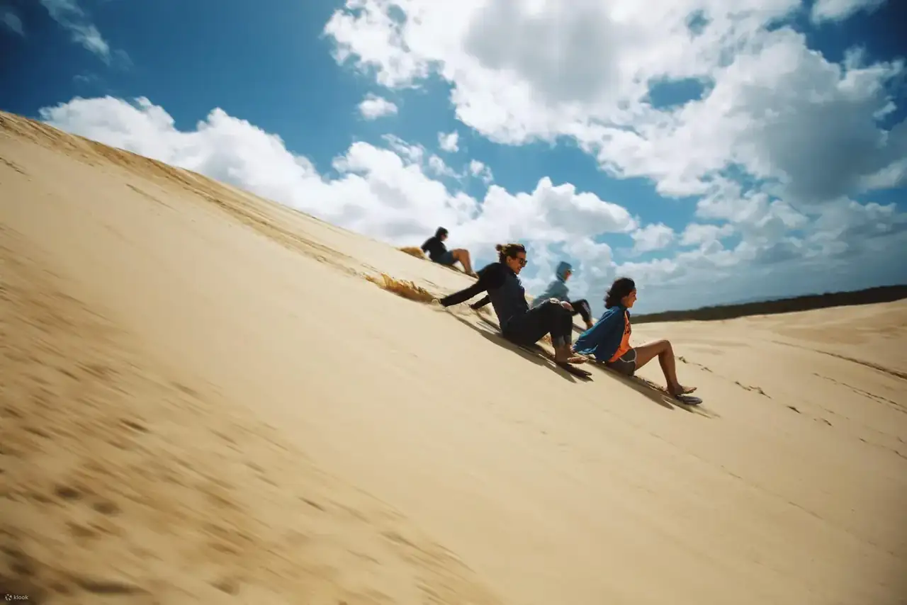 Friends climbing a dune with sandboards